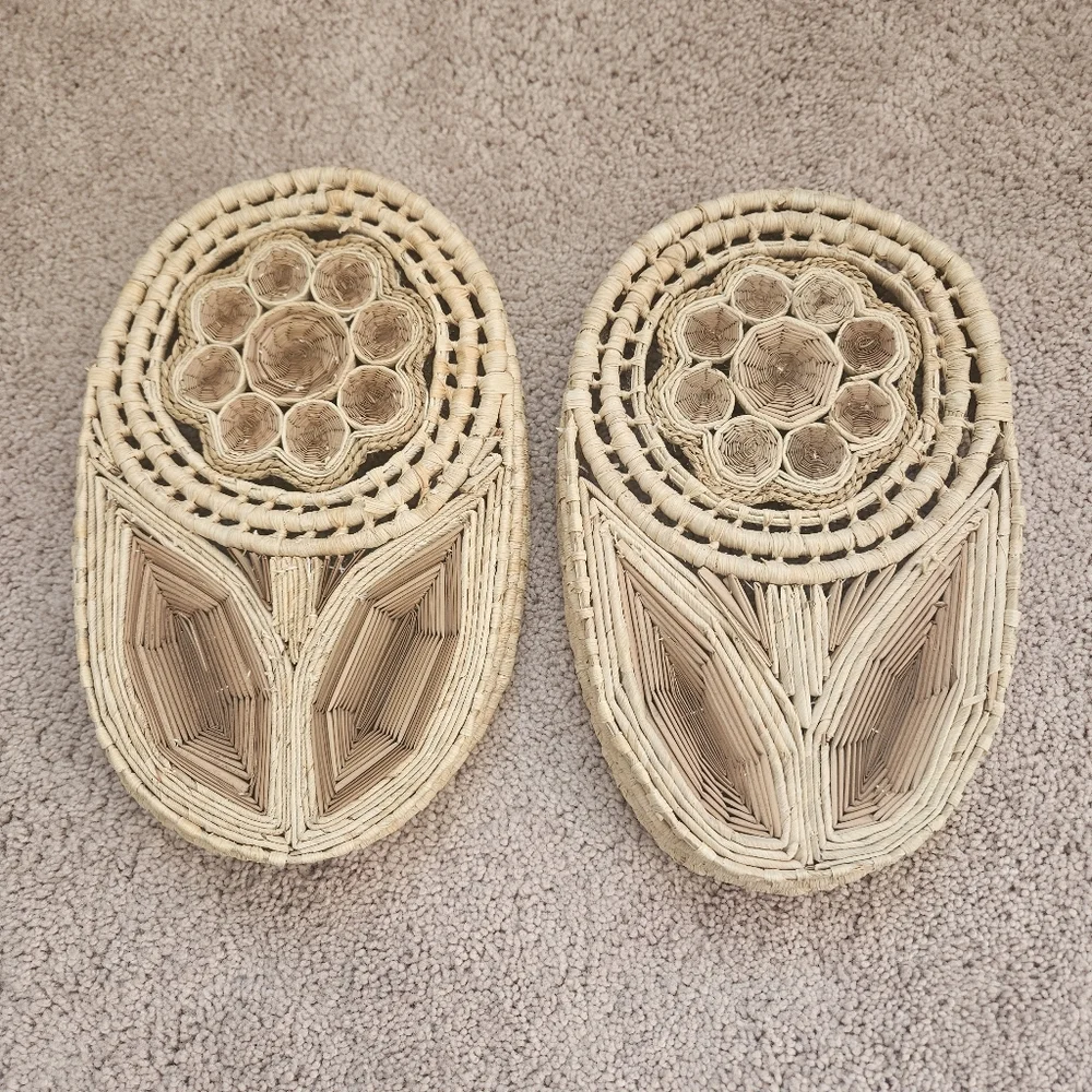 2 Handwoven Daisy Flower Vintage Wicker Rattan Nesting Bread Baskets Boho Folk